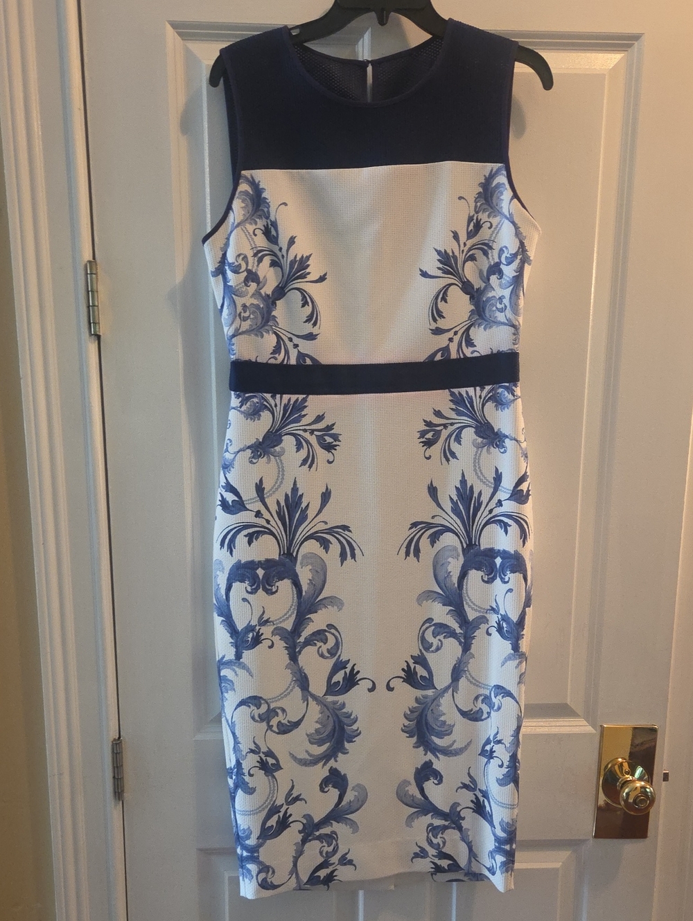 Ted Baker White Midi Dress with Navy Blue Floral Scrolls
